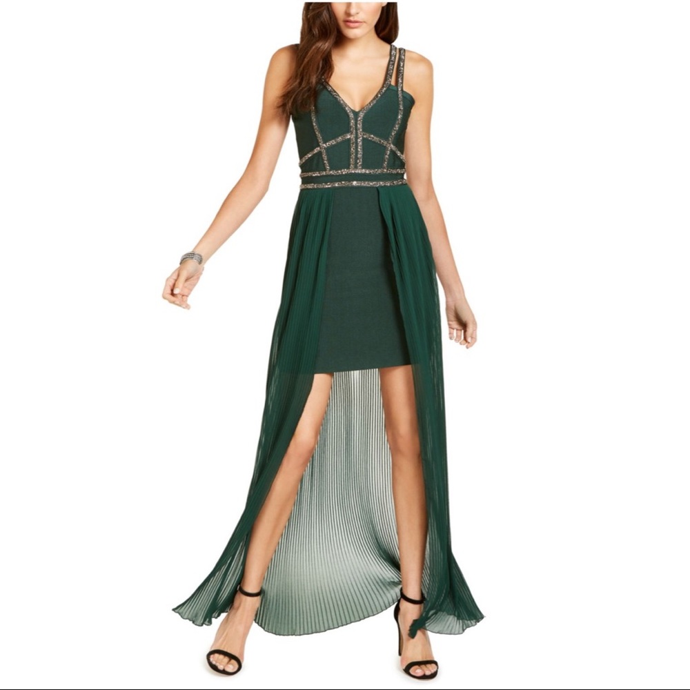 Marciano beaded hi-lo green formal dress